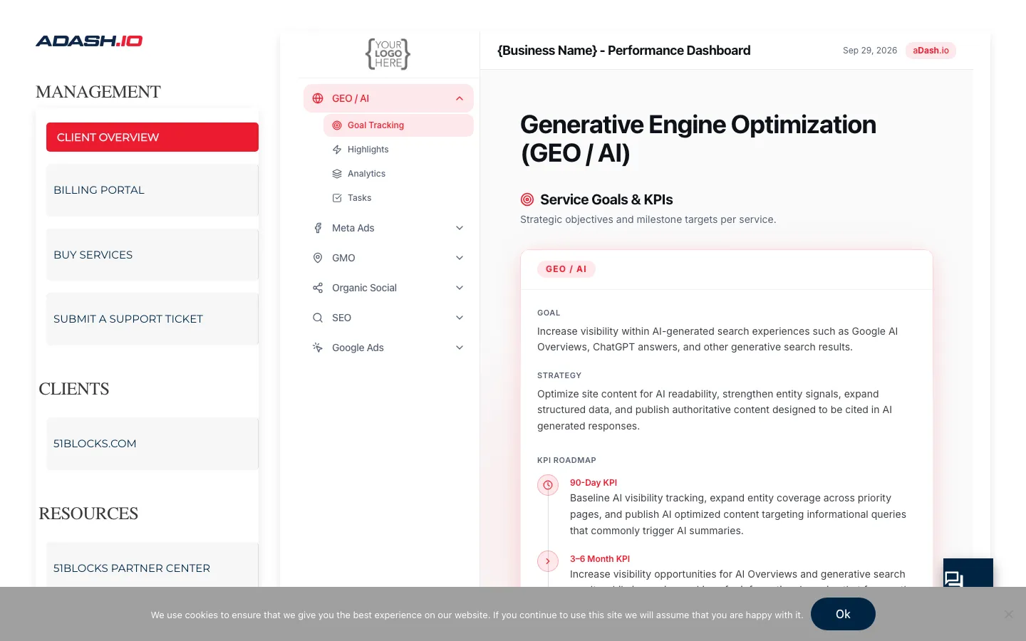 The agency view with an embedded client dashboard and its goals