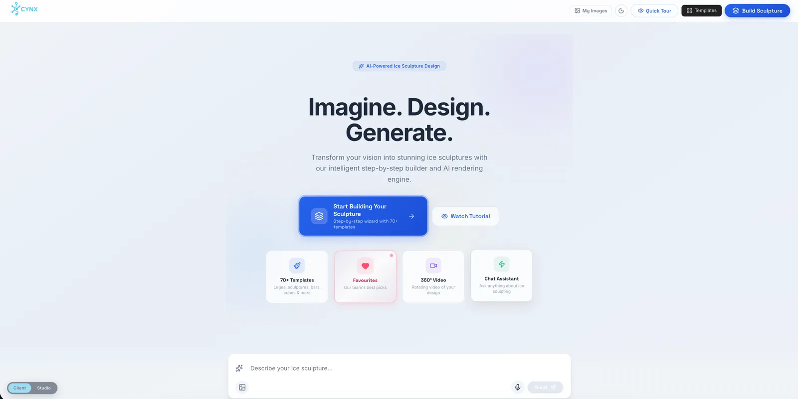 Cynx AI: “Imagine. Design. Generate.” with 70+ templates, favourites, 360° video and the chat assistant