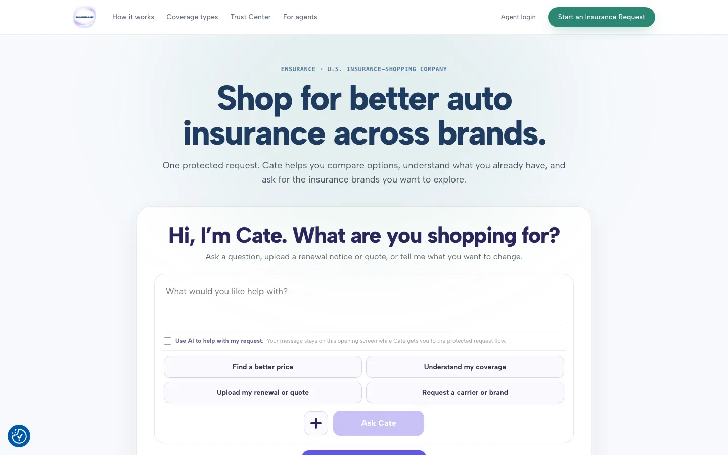 Ensurance homepage with the Cate AI assistant: “Hi, I’m Cate. What are you shopping for?”