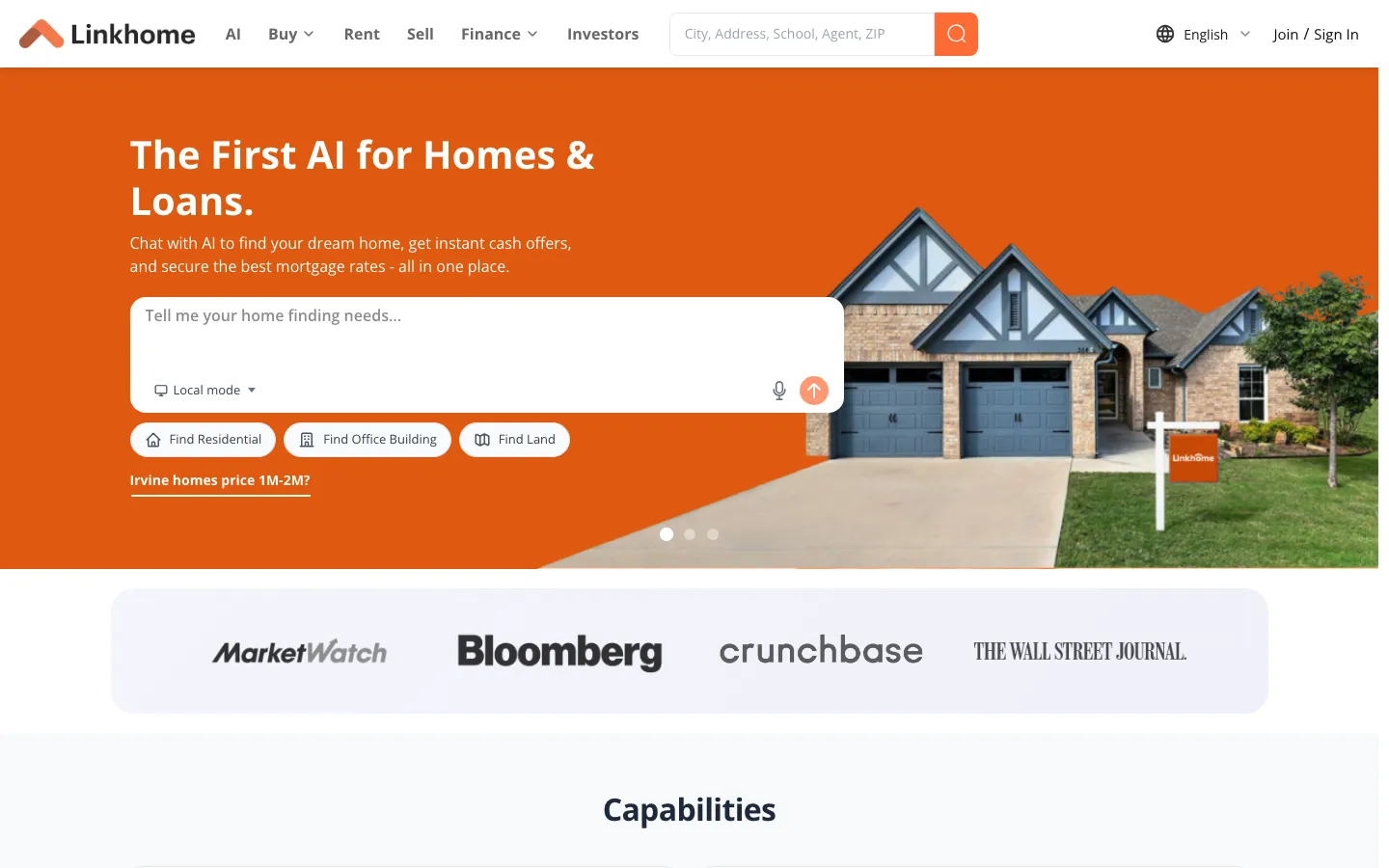 Linkhome homepage: The First AI for Homes & Loans, with the AI prompt box and Local mode