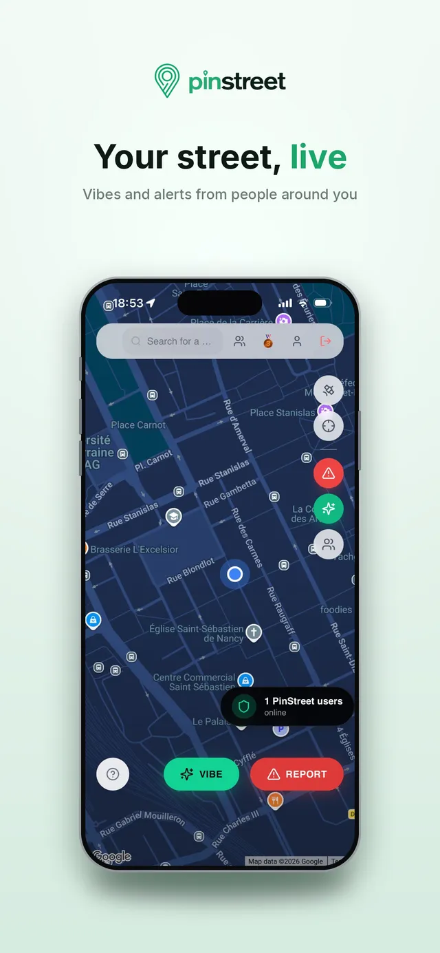 PinStreet live map with vibes and alerts from people nearby