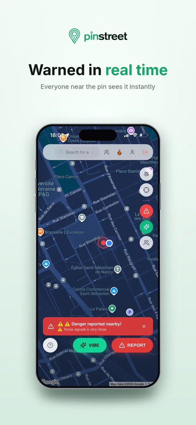 Real-time danger alert shown to everyone near the pin