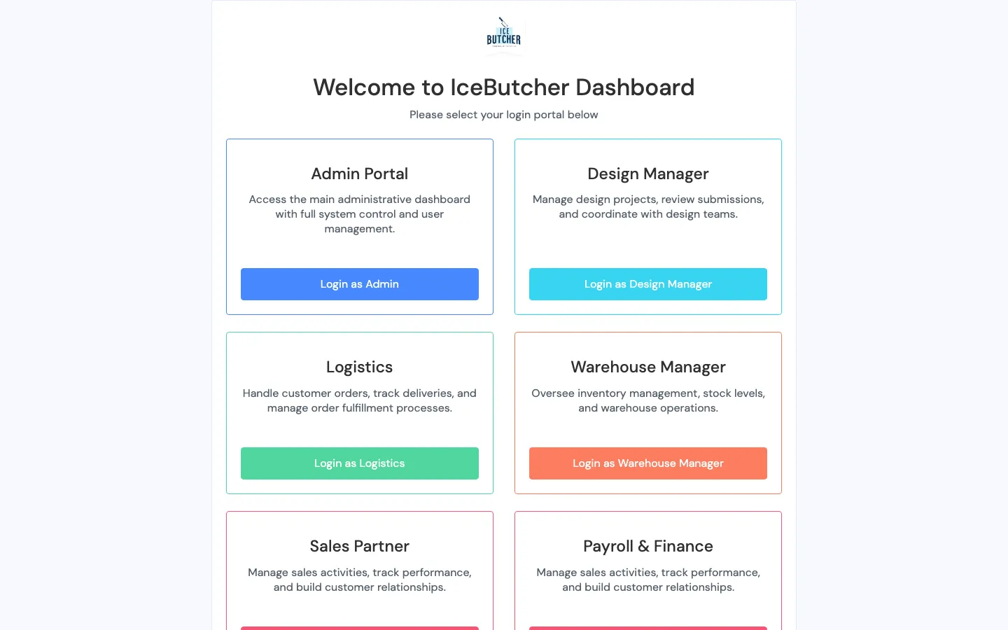 IceButcher Dashboard: one login portal with a card for each staff role